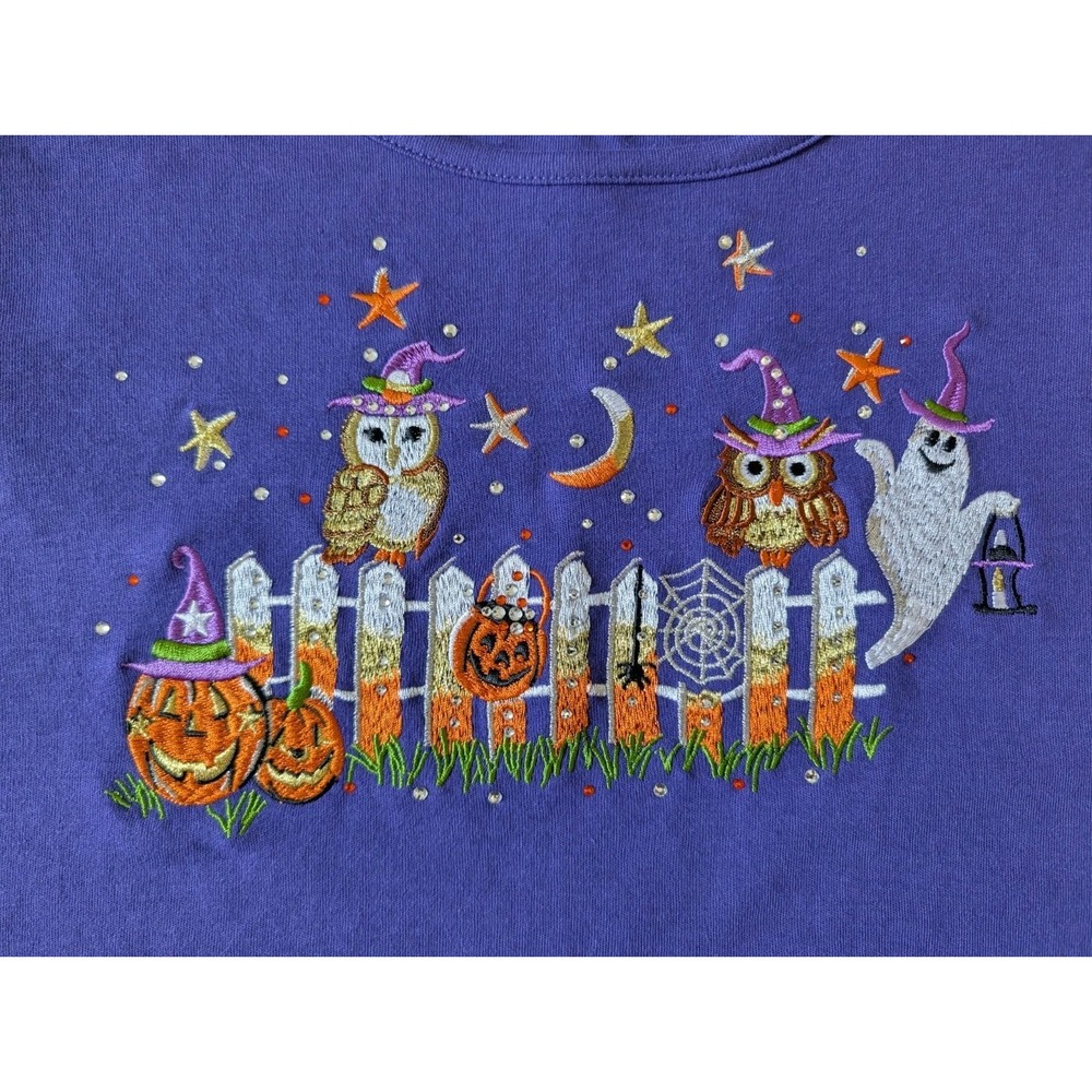 Quacker Factory Womens Halloween Jack-o-lantern Owl Ghost Rhinestone Shirt 2X